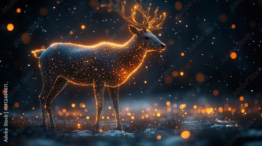 Magical glowing deer in winter wonderland dark bokeh background sparkling lights