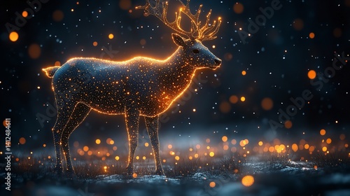 Obraz na płótnie Magical glowing deer in winter wonderland dark bokeh background sparkling lights w salonie