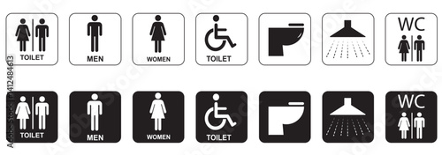 Toilet icons set, common male female restroom, handicap wheelchair access, sanitizer liquid soap, WC direction, baby changing table room, toilet signs, WC signs collection