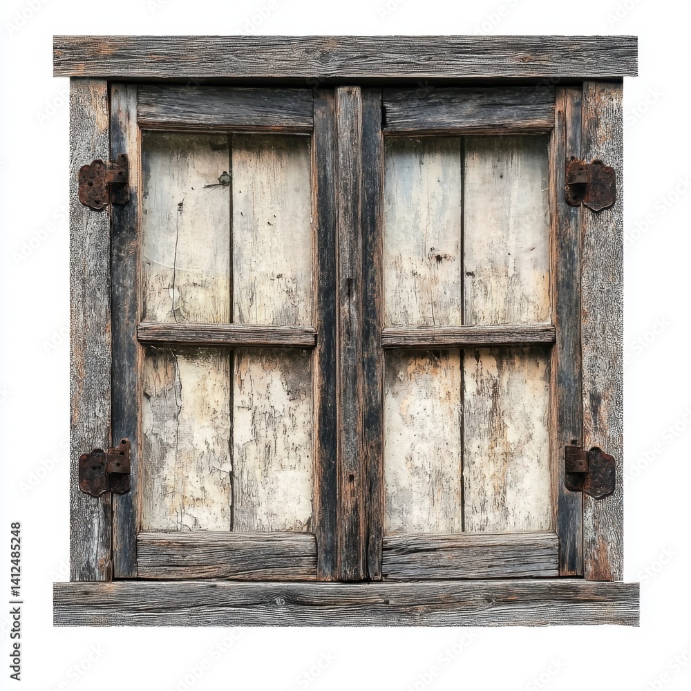 Rustic Wooden Window Frame with Aged Patina and Metal Hinges Rustic Wooden Window Frame with Aged Patina and Metal Hinges