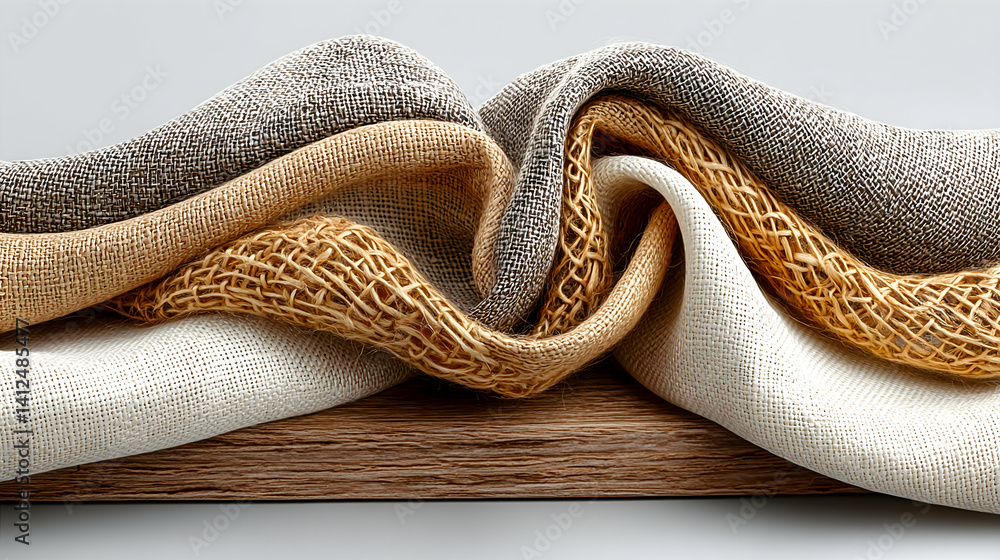 Fototapeta premium Soft, textured fabrics in beige, grey, and off-white hues elegantly draped on wood