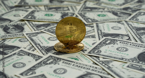 Money dollars vs bitcoin. Saving finance in currency or bitcoin. Dollars vs bitcoin. Saving money background. Banknotes, bitcoin for savings. Best value concept.