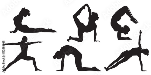 Yoga pose Slim sportive young woman doing yoga & fitness exercises. Healthy lifestyle. Set of vector silhouette illustrations design isolated on white background.