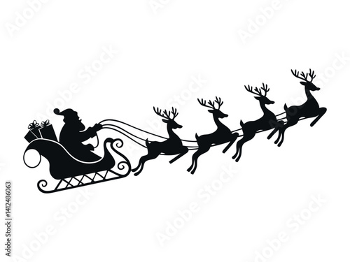Santa Claus and his reindeer Christmas sleigh sled vector elements silhouette isolated in a white background
