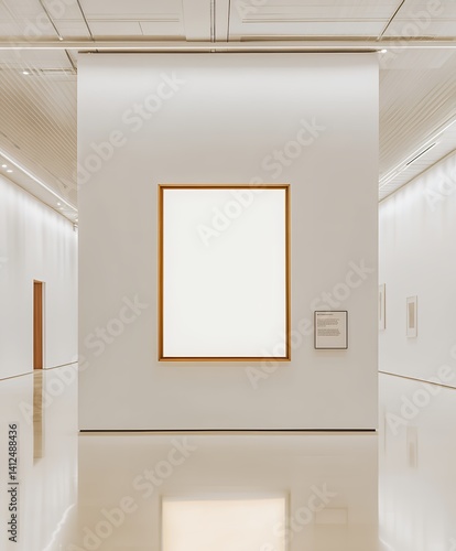 白を基調とした現代美術館に展示された大型アートフレームのモックアップ | Large Art Frame Mockup Displayed in a White Contemporary Art Museum