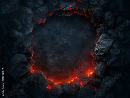 Hyper-realistic dark cave entrance with a black background, rugged rock walls on the left and right, and an intense glowing red light emerging from within.