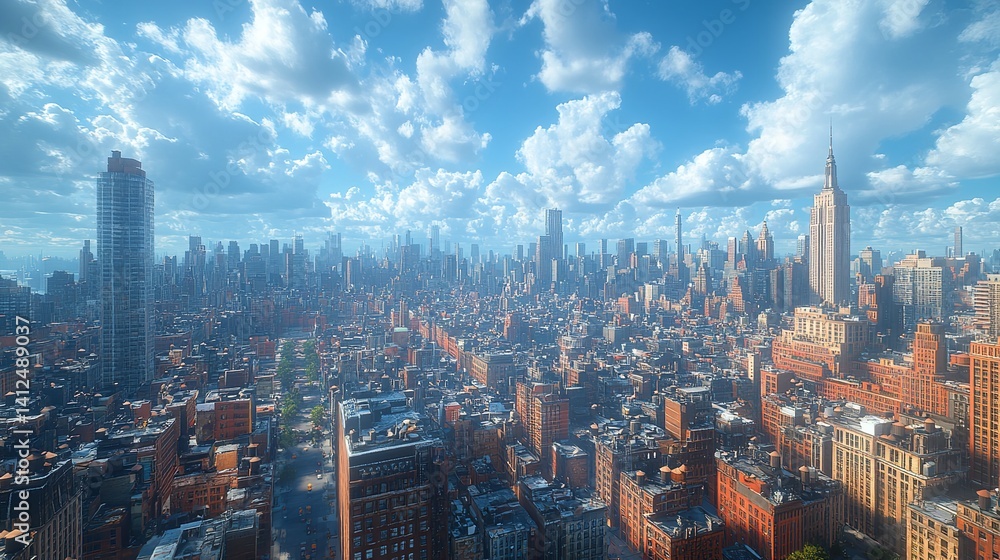 Stunning aerial view of NYC skyline under a vibrant summer sky showcasing iconic buildings and a