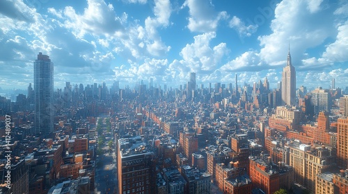 Obraz na płótnie Stunning aerial view of NYC skyline under a vibrant summer sky showcasing iconic buildings and a w salonie