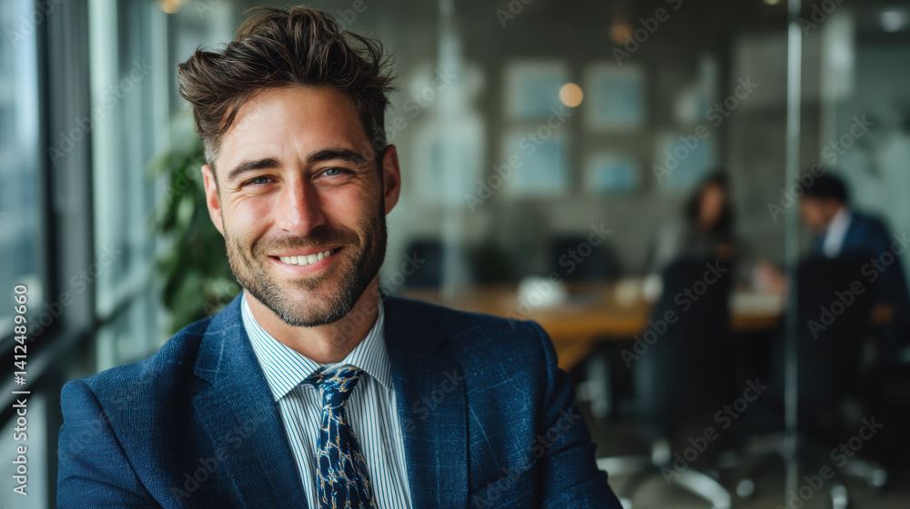 Fototapeta premium Confident young man smiling in business suit, corporate office