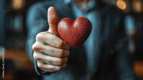 A hand giving a thumbs up holding a textured red heart showing love and support warm lighting