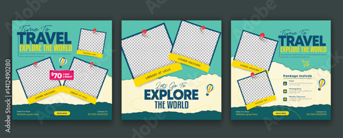 Set of travel sale social media post template. Summer beach holiday, traveling agency business offer promotion. Tourism advertisement banner design.