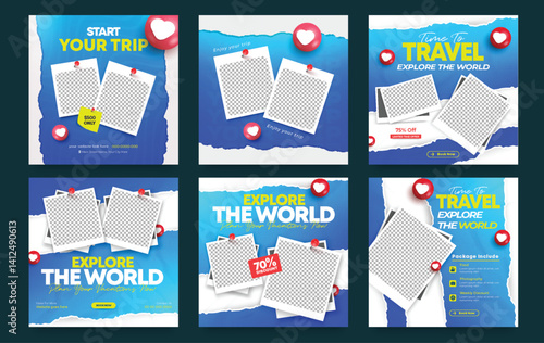 Travel and tourism social media post template design. Holiday summer vacation Tourism business marketing online poster banner editable set