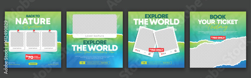 Summer Camp Adventure Trip social media post template. Travel web banner, Travelling agency beach holiday promotion banner with brush stroke background.
