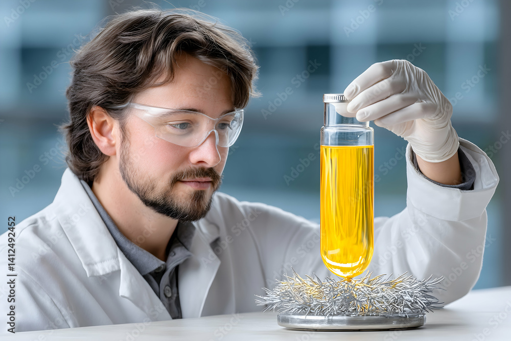 Scientist examining yellow liquid sample in a lab Scientist examining yellow liquid sample in a lab