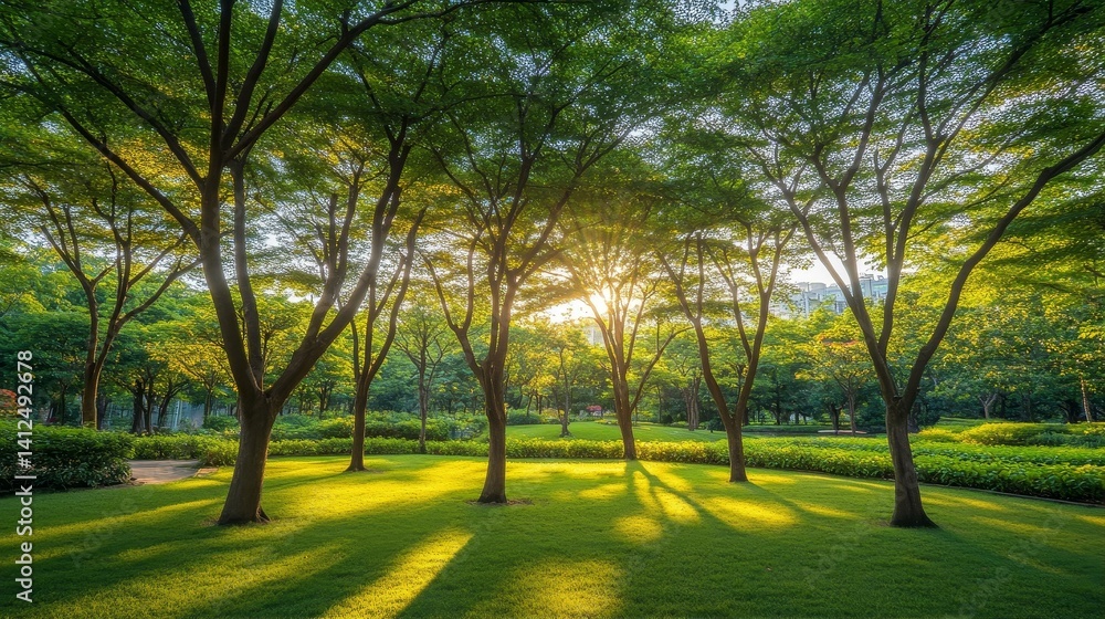Naklejka premium Sunlit garden trees in golden morning light, a dreamy natural backdrop with soft bokeh