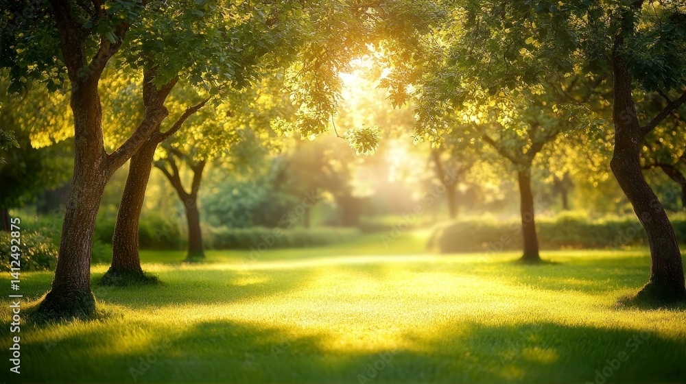 Sunlit garden trees in golden morning light, a dreamy natural backdrop with soft bokeh Sunlit garden trees in golden morning light, a dreamy natural backdrop with soft bokeh