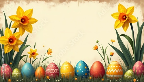 Colorful easter egg and daffodil on grass in spring. Holiday decoration with ornament traditional egg for easter card, invitation, greeting and celebration banner background.
