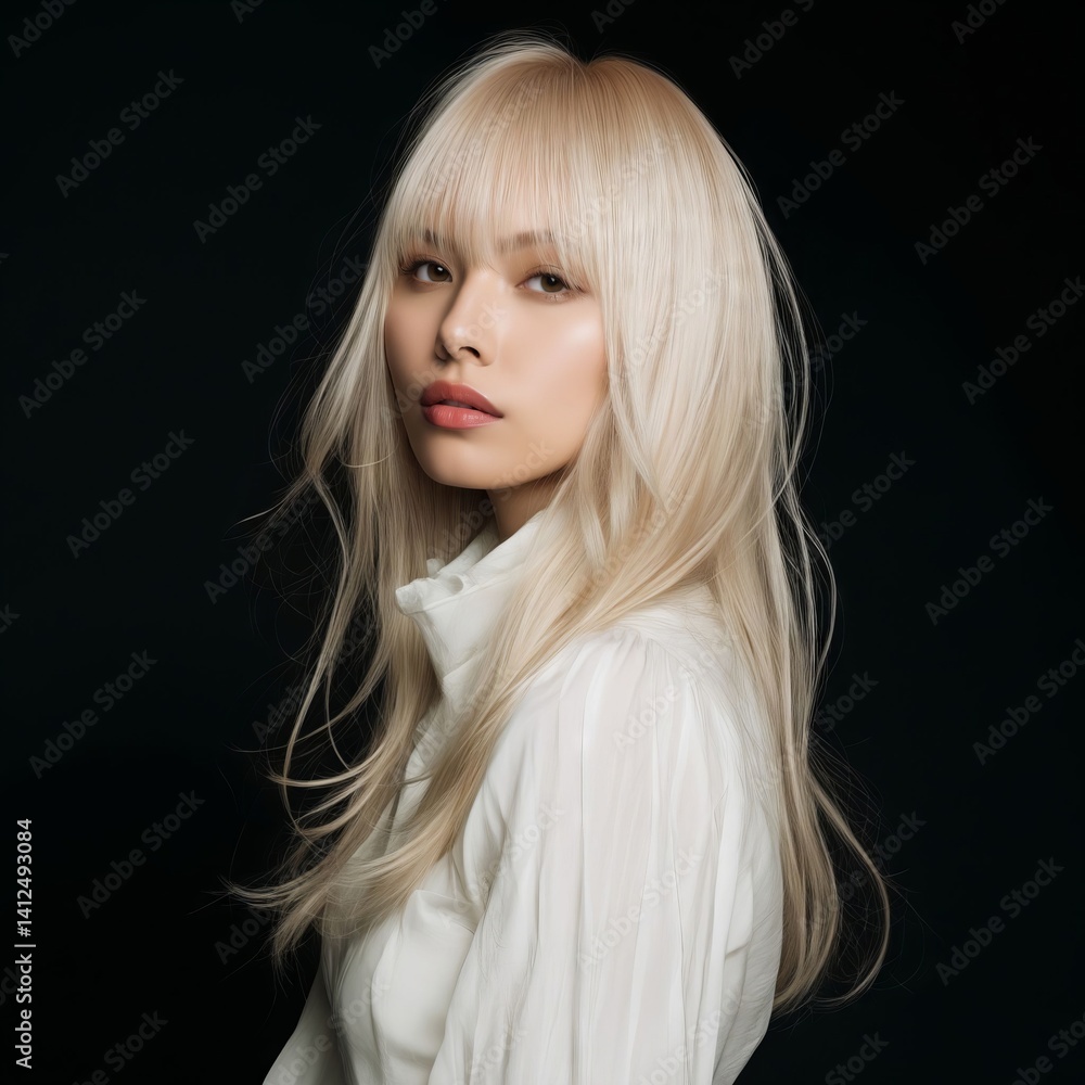 Naklejka premium A woman with long blonde hair and bangs wearing a white shirt