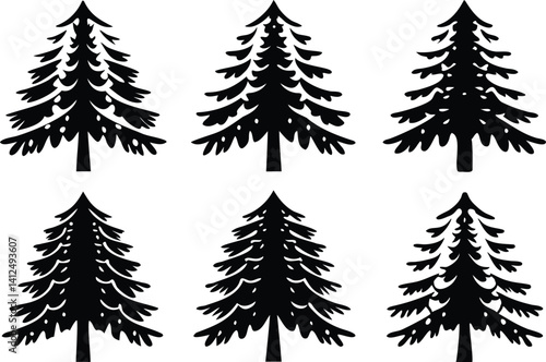 Set of six pine tree silhouettes in black, vector icon pack featuring various evergreen tree shapes, ideal for forest graphics, winter holiday art, camping themes, and natural design projects