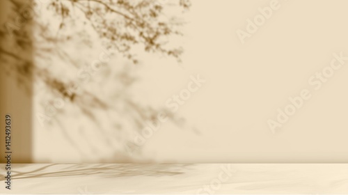 Abstract beige textured wall background with soft blurred shadows of tree foliage, natural organic pattern for minimalist product display mockup, summer season concept design. Neutral tone backdrop fo