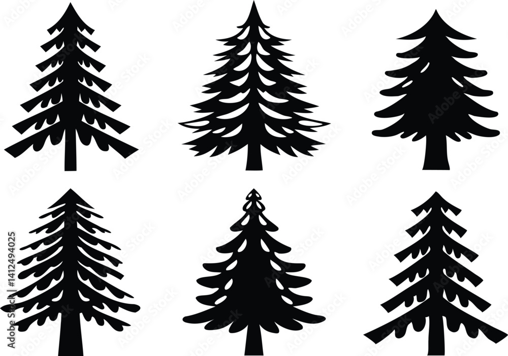 Fototapeta premium Set of pine tree silhouette icons, black vector evergreen illustrations with various shapes on white background, ideal for forest graphics, camping themes, nature decor, or winter scenes