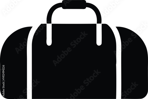 Rounded duffel bag silhouette, small black vector icon for gym or travel luggage use, on white background, perfect for minimalist bag symbols, packing illustrations, or workout accessories
