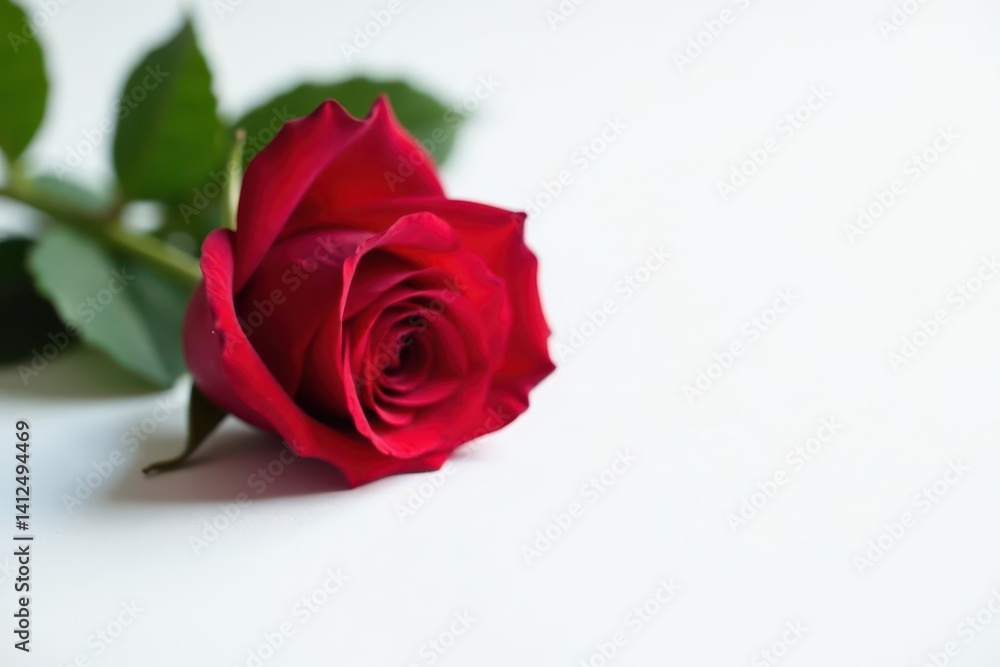 A single, velvety red rose rests on pure white , silky, smooth A single, velvety red rose rests on pure white , silky, smooth