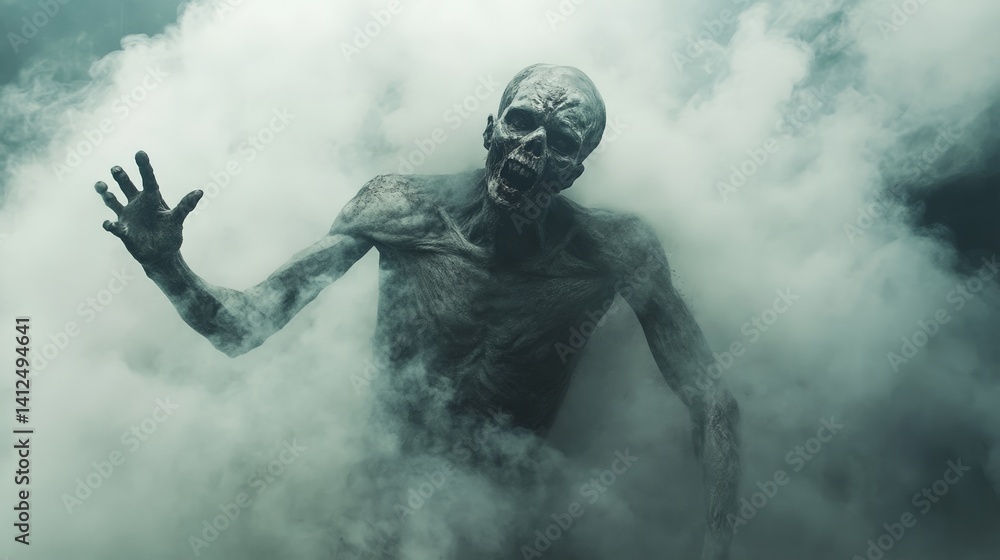 Fototapeta premium Emerging from a cloud of toxic fumes, a terrifying zombie reaches out with a menacing gesture, embodying the horrors of a post apocalyptic world ravaged by an undead outbreak