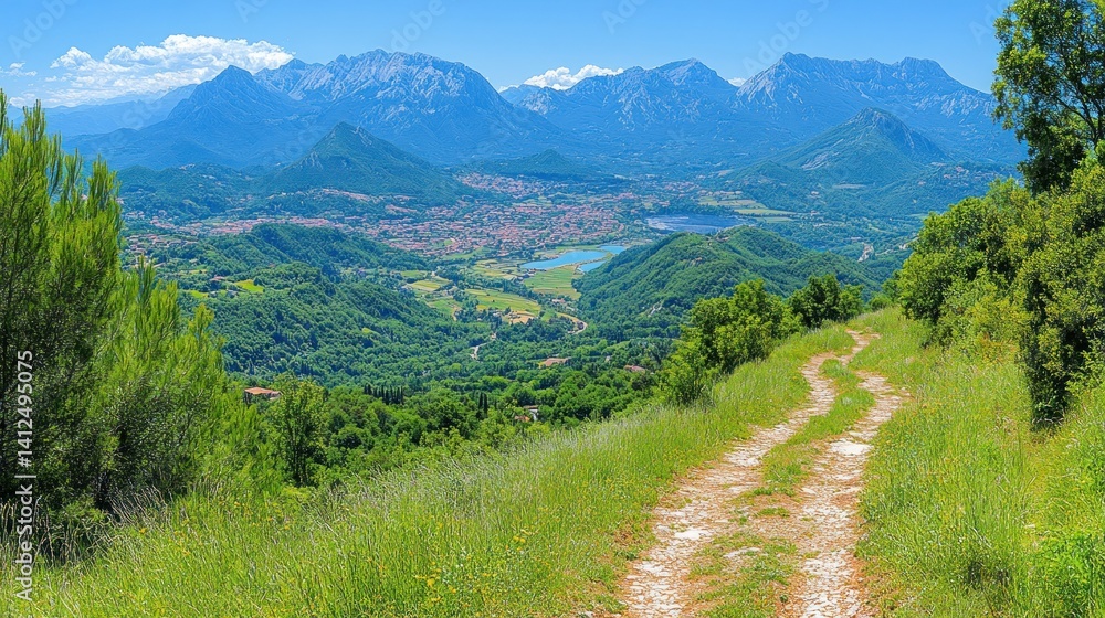 Panoramic mountain vista with a winding path. Lush greenery, valleys, and a serene lake are visible from a high elevation Panoramic mountain vista with a winding path. Lush greenery, valleys, and a serene lake are visible from a high elevation