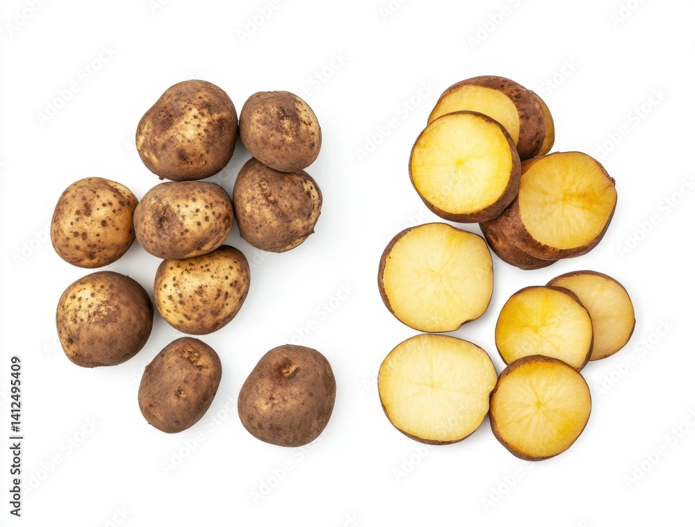 Fototapeta premium Fresh Potatoes and Sliced Potatoes on White Background