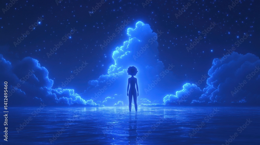 Fototapeta premium Silhouette figure stands at night, reflecting on starry clouds over water