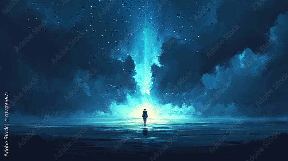 Fototapeta premium Silhouetted figure at night, celestial beam