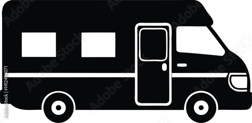 Black silhouette of a camper van in side view, vector motorhome illustration on white background, ideal for travel icons, RV adventure graphics, camping themes, or road trip design projects