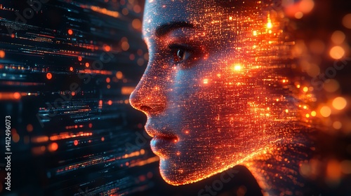 Digital Woman Emerging from Code Glowing with Orange Sparks Dark Background