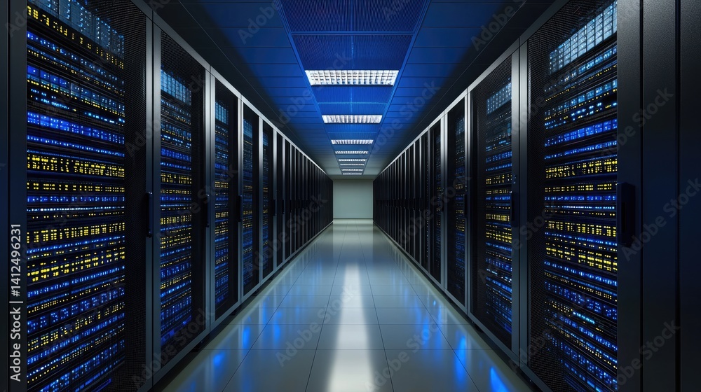 Fototapeta premium Futuristic server room with glowing blue and yellow lights in symmetrical rows. Ideal for tech ads, cybersecurity banners, data center promotions, or AI infrastructure visuals