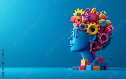 Thinking consumer illustration, person with gears in their head comparing shopping items, decisionmaking process, 3D style, vibrant lighting, financial awareness concept
