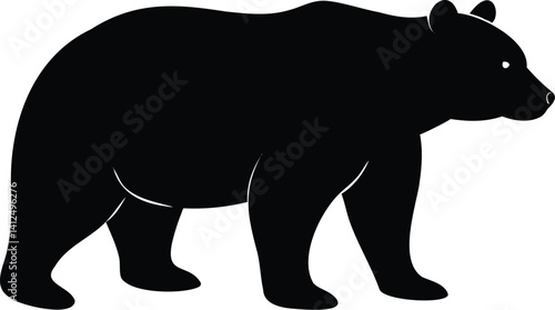 Muscular bear silhouette in side profile, bold black vector animal on white background, great for wildlife strength symbols, wilderness themes, predator icons, and forest animal design projects