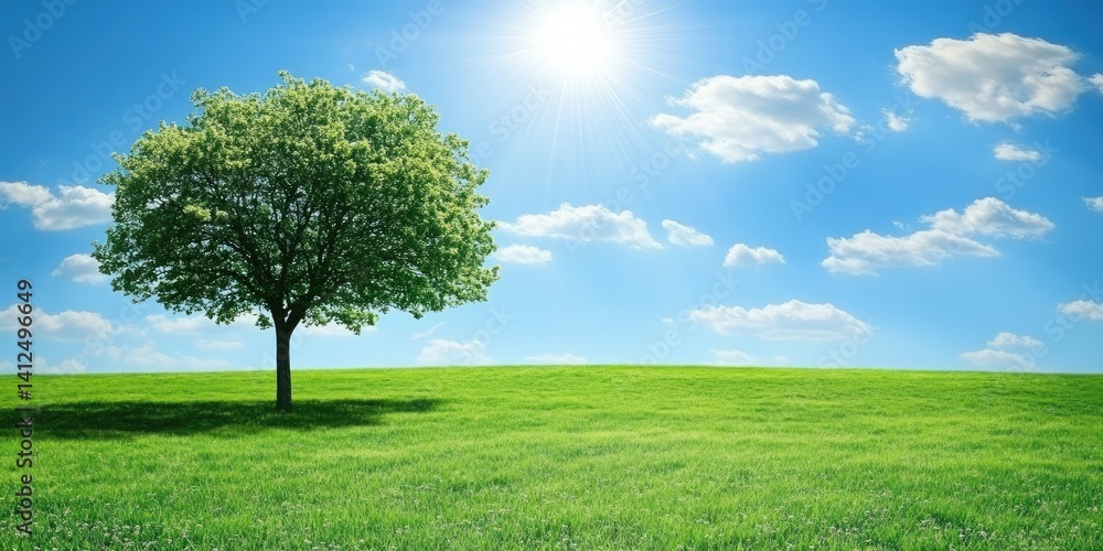 Lush green field with a lone tree under a vibrant blue sky Lush green field with a lone tree under a vibrant blue sky
