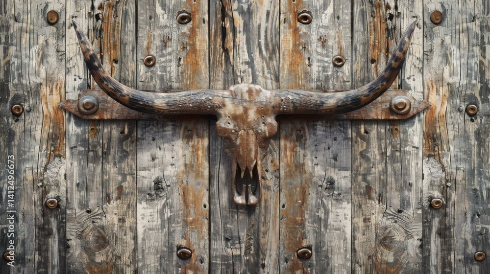 Weathered oak planks with antique wrought iron nail heads and a bull skull creating a rustic Western atmosphere Weathered oak planks with antique wrought iron nail heads and a bull skull creating a rustic Western atmosphere