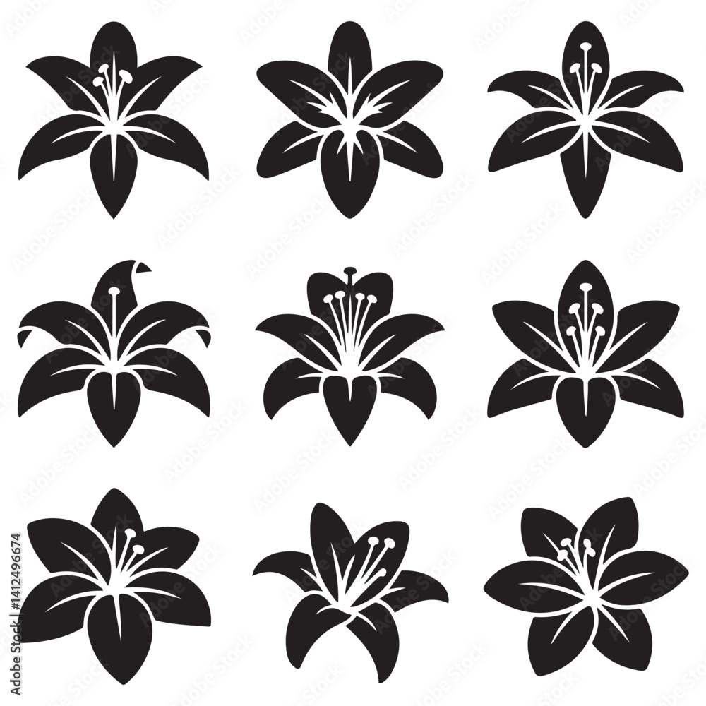 Set of isolated silhouette lily styles. Cute hand drawn flower Vector Black silhouettes illustration with white background outline plane. Set of isolated silhouette lily styles. Cute hand drawn flower Vector Black silhouettes illustration with white background outline plane.