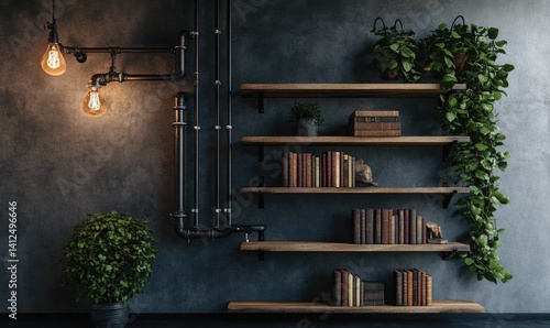 Wallpaper Mural Industrial-style shelving unit with Edison bulbs and plants Torontodigital.ca