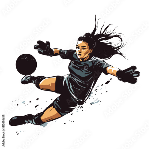 A cartoon boy soccer player vector illustration shows a kid playing football with a ball in a fun sport game