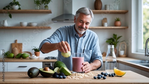 High-resolution, highly detailed digital photograph of a modern kitchen filled with natural light, where a middle-aged man is preparing a healthy smoothie using fresh fruits and vegetables.