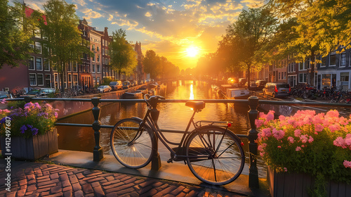 Wallpaper Mural Amsterdam Sunset Romance: A lone bicycle rests against a bridge railing, overlooking a picturesque canal in Amsterdam as the sun sets behind charming canal houses. Torontodigital.ca