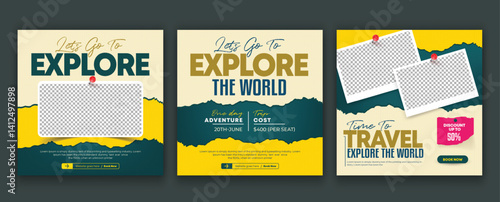 Explore the World Travel and Tour Social Media Templates set. Travelling, tourism, summer holiday tour online marketing banner poster design