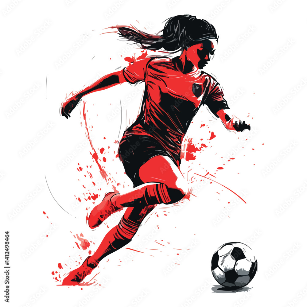 A vector illustration shows a soccer player silhouette in action, kicking the ball during a sport competition A vector illustration shows a soccer player silhouette in action, kicking the ball during a sport competition