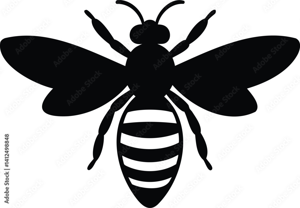 Fototapeta premium Top view silhouette of a bee with striped body and extended wings, black vector insect illustration for pollination themes, garden wildlife, honeybee icons, or natural ecosystem visuals