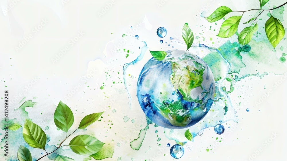 Watercolor Earth Globe with Green Leaves and Water Droplets for Environment Day Concept Watercolor Earth Globe with Green Leaves and Water Droplets for Environment Day Concept
