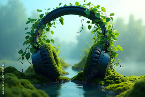 Harmonious Blend, A High-Resolution Image of Headphones Embraced by Nature, Combining Technology and Ecology in a Commercially Viable Stock Photo Setting