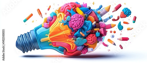 Lightbulb illustration filled with study icons, books, pencils, and brains, symbolizing knowledge and creative thinking, glowing concept art, 3D render, highresolution, AIgenerated